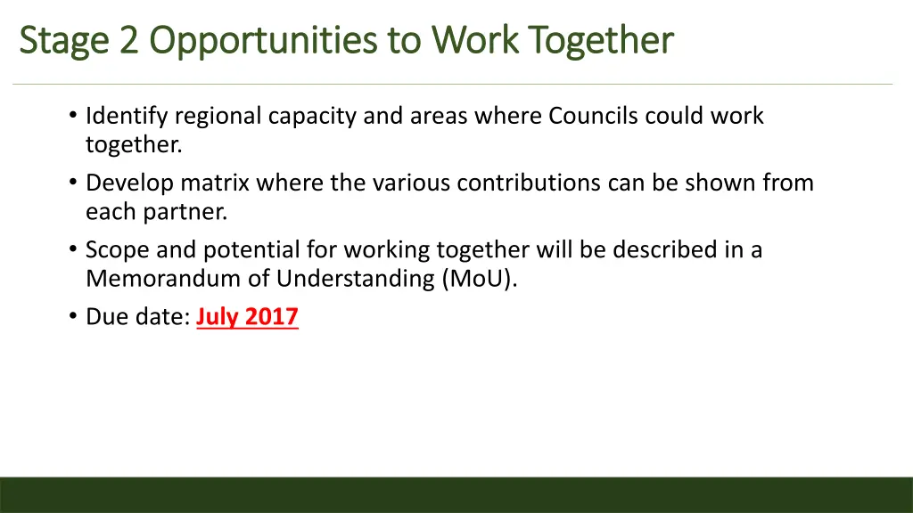 stage 2 opportunities to work together stage