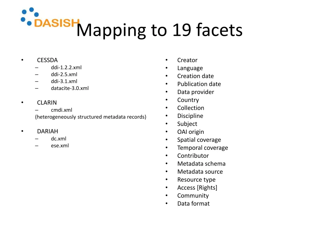 mapping to 19 facets