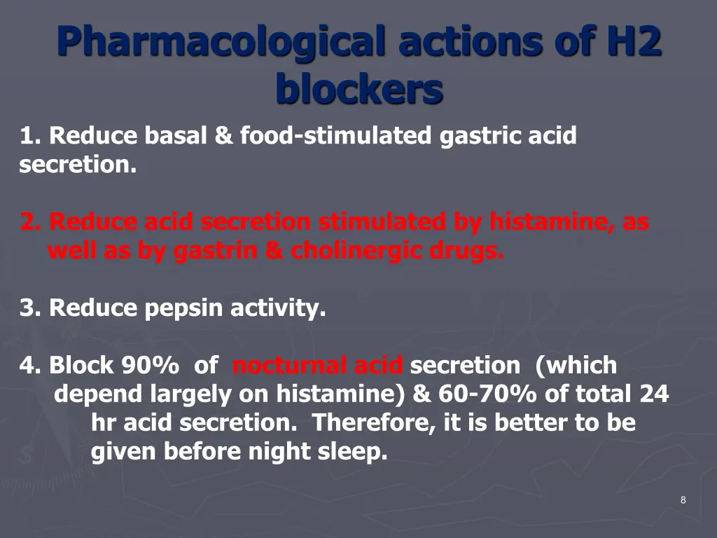pharmacological actions of h2 blockers 1 reduce