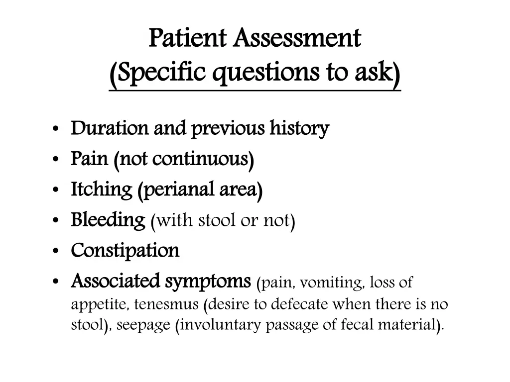 patient assessment specific questions to ask