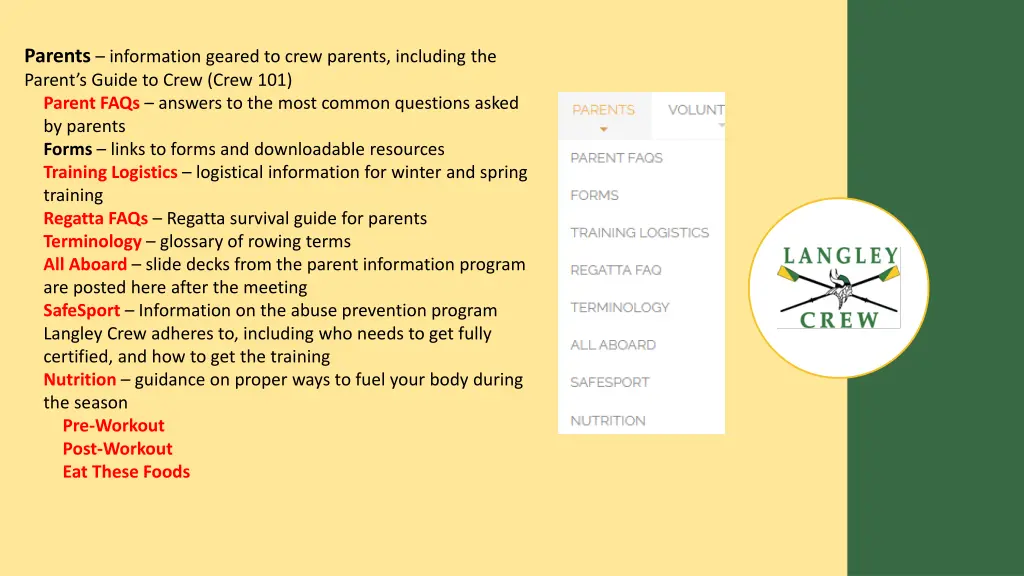 parents information geared to crew parents