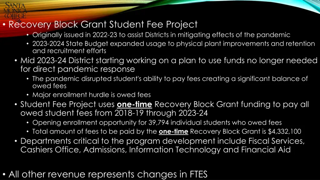 recovery block grant student fee project