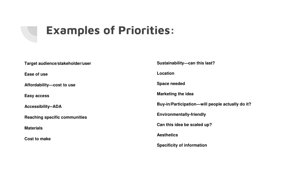 examples of priorities