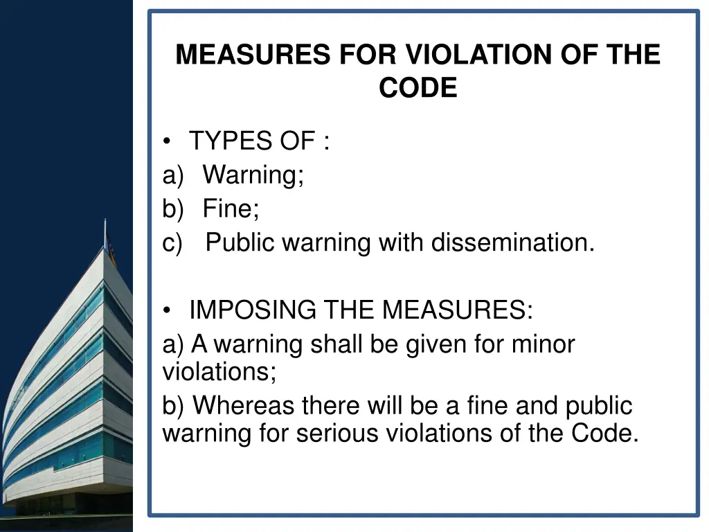 measures for violation of the code