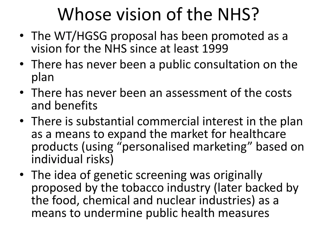 whose vision of the nhs the wt hgsg proposal