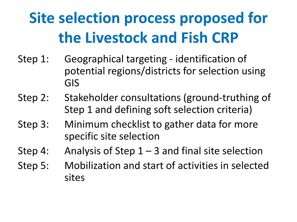 site selection process proposed for the livestock