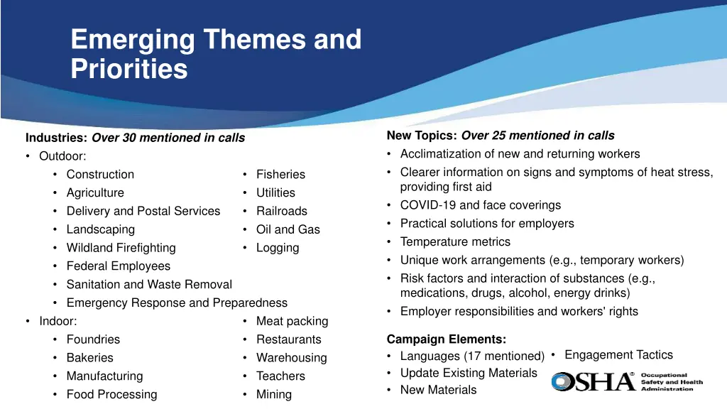 emerging themes and priorities
