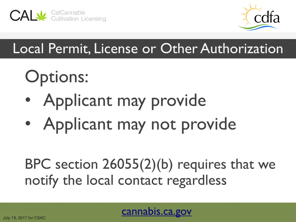 local permit license or other authorization