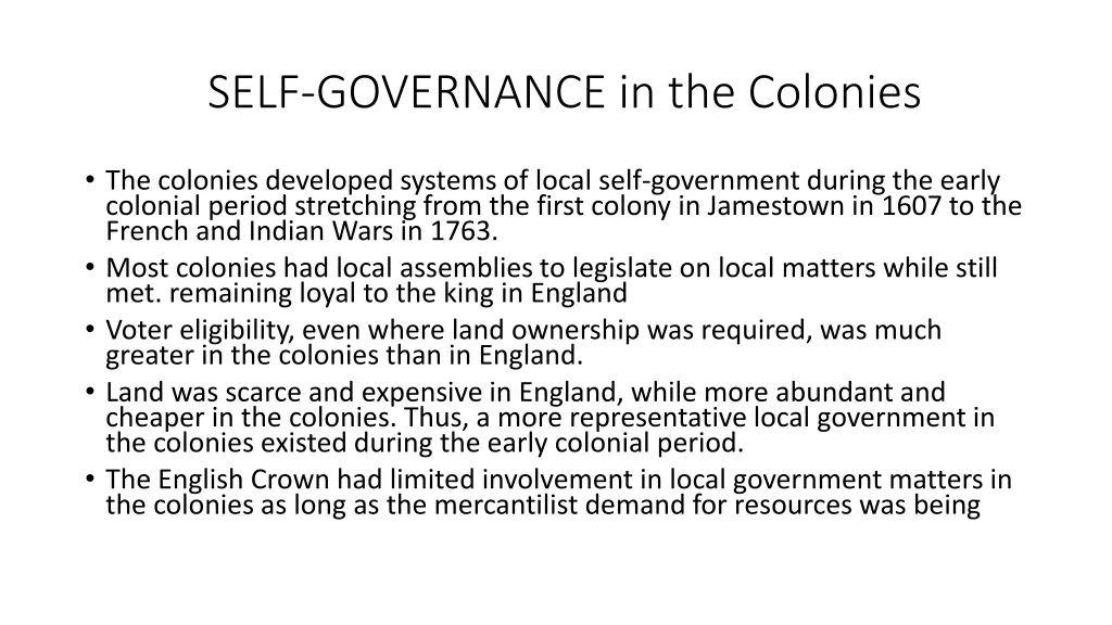self governance in the colonies