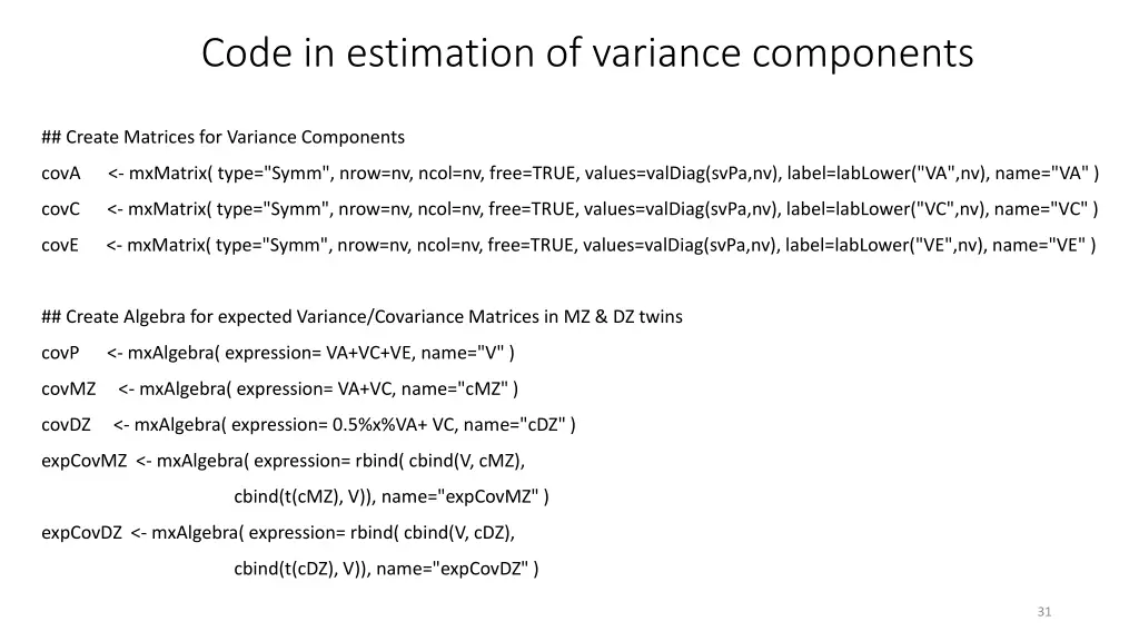 code in estimation of variance components