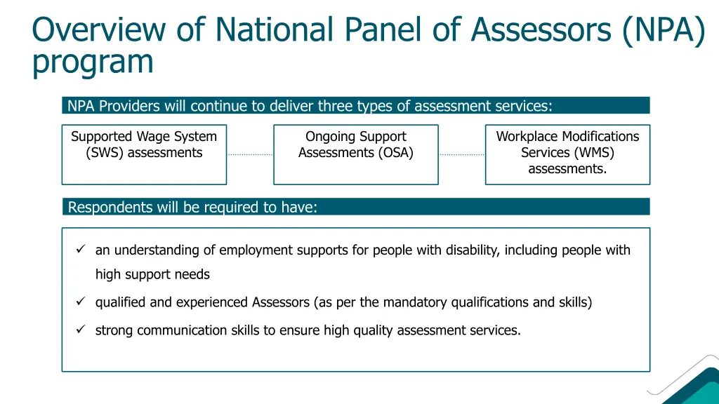overview of national panel of assessors