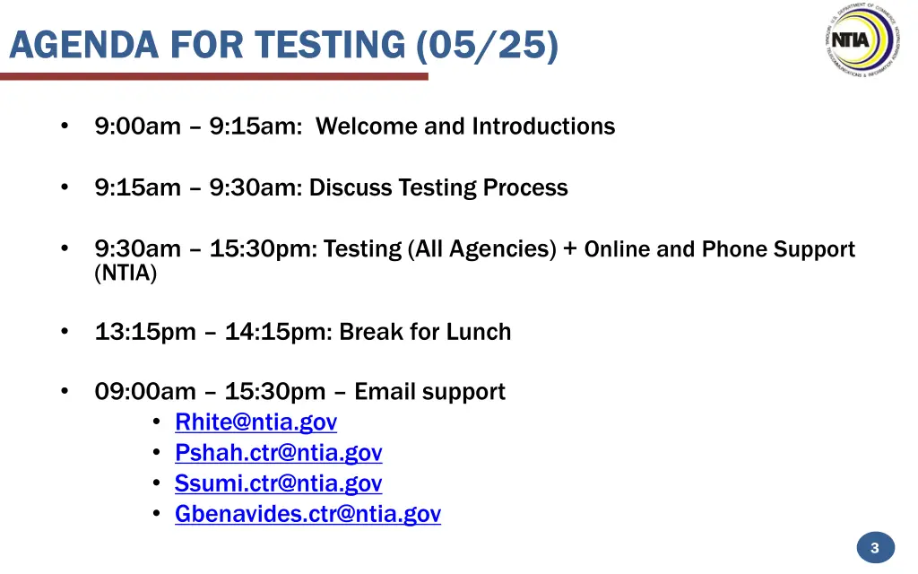 agenda for testing 05 25
