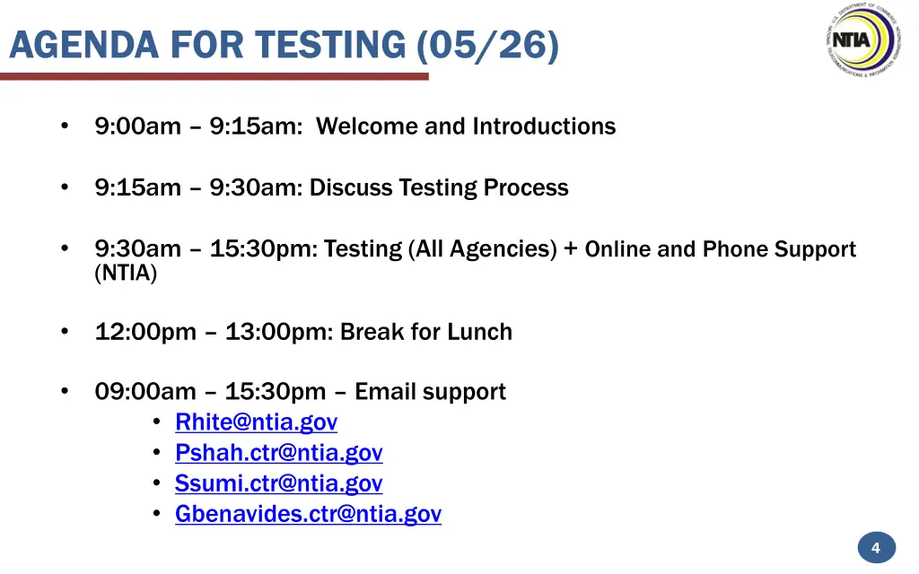 agenda for testing 05 26