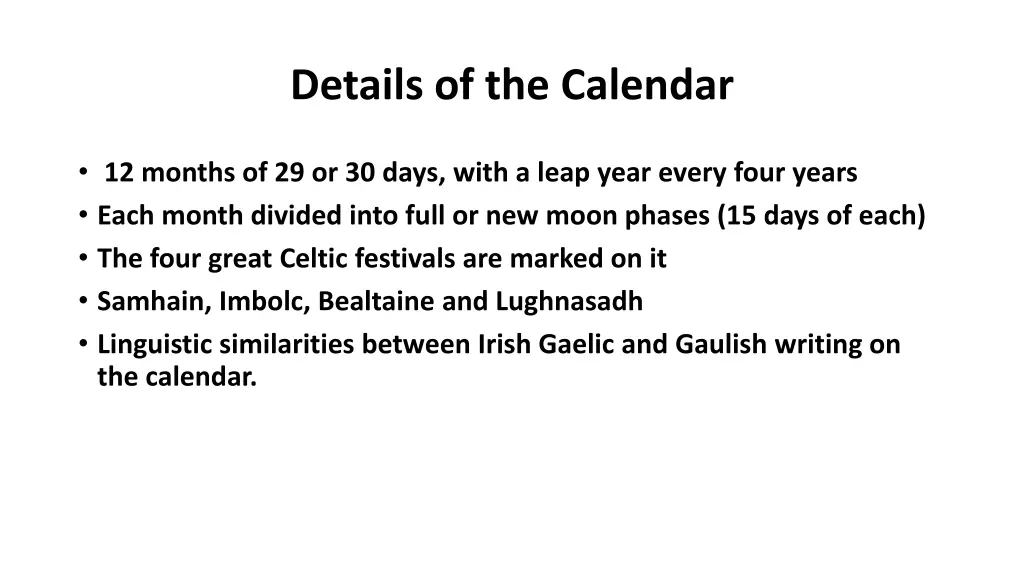 details of the calendar