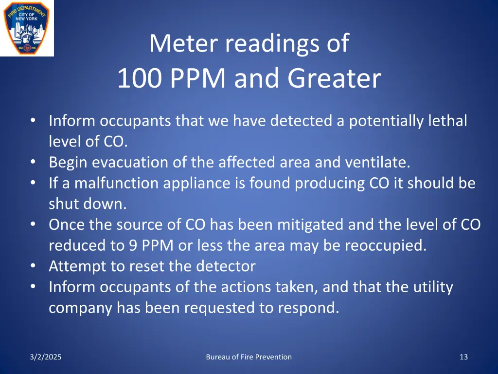 meter readings of 100 ppm and greater