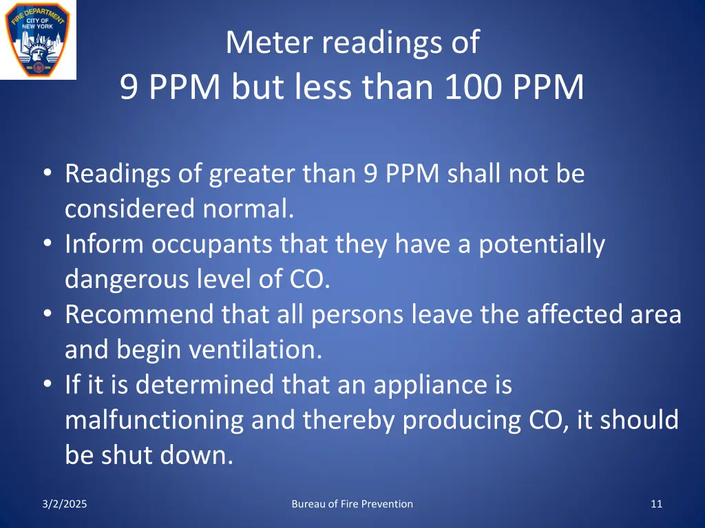 meter readings of 9 ppm but less than 100 ppm