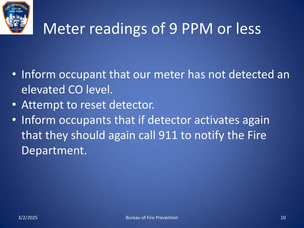 meter readings of 9 ppm or less