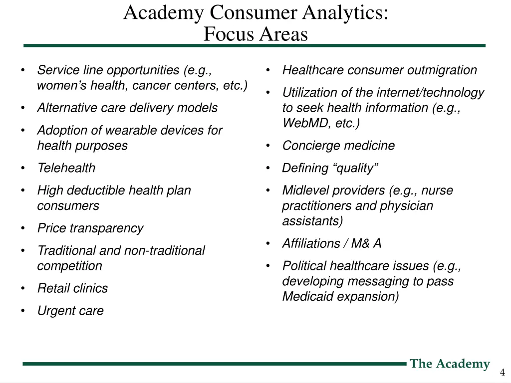 academy consumer analytics focus areas