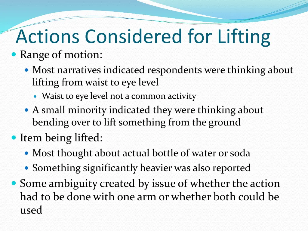actions considered for lifting range of motion