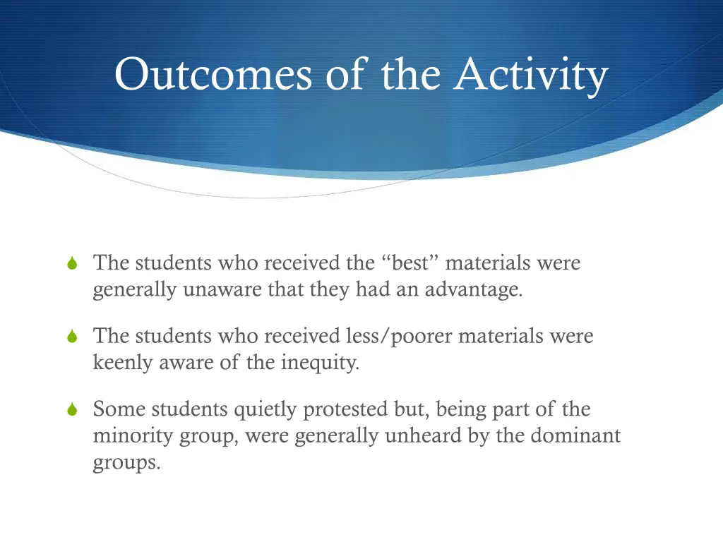 outcomes of the activity