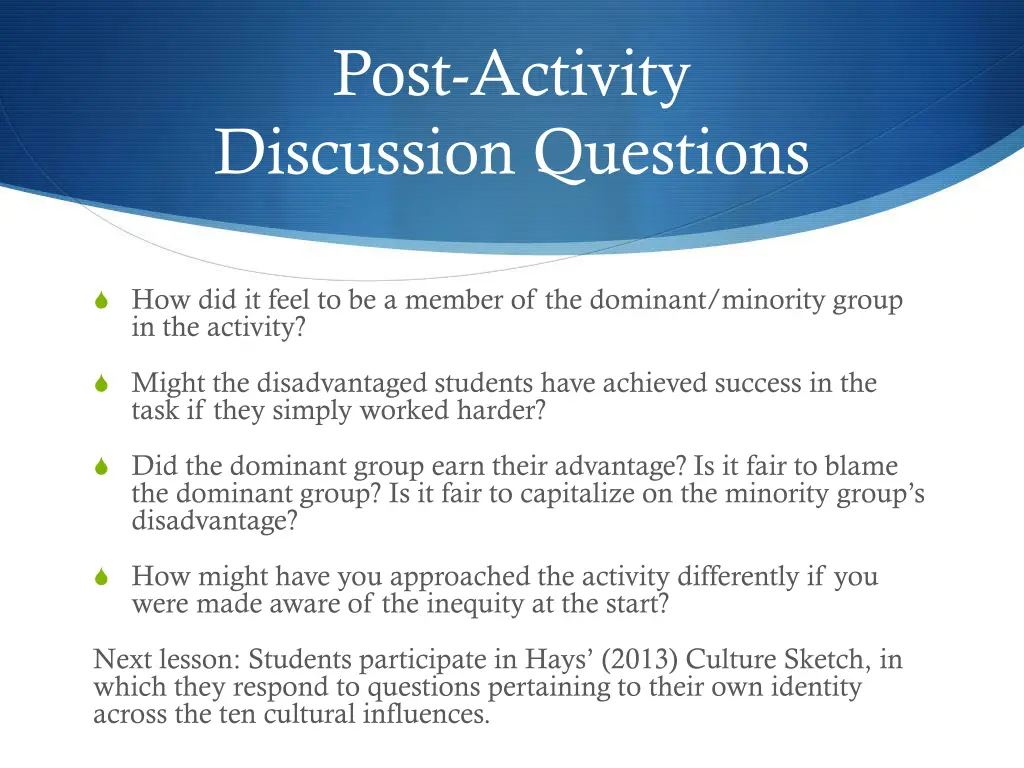 post activity discussion questions