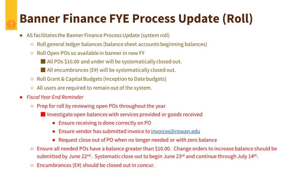 banner finance fye process update roll
