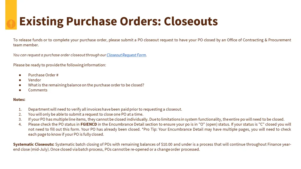 existing purchase orders closeouts