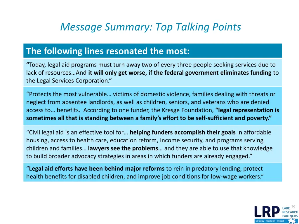 message summary top talking points