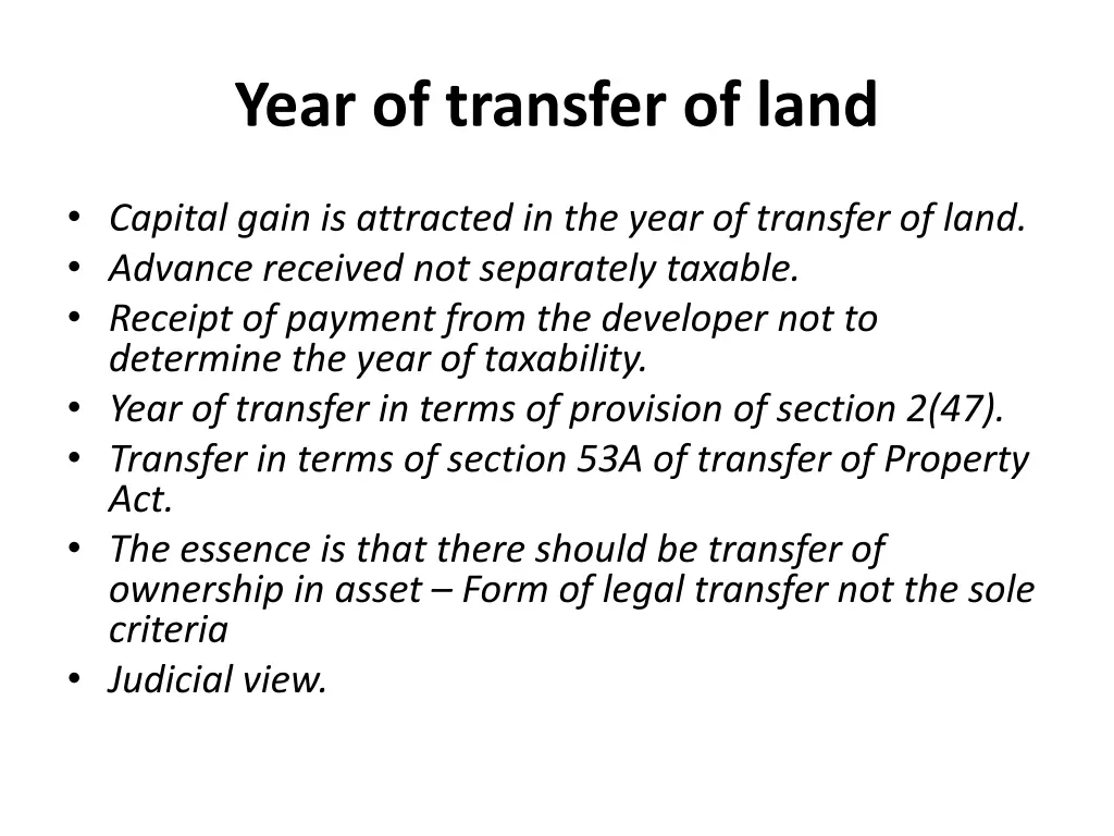 year of transfer of land