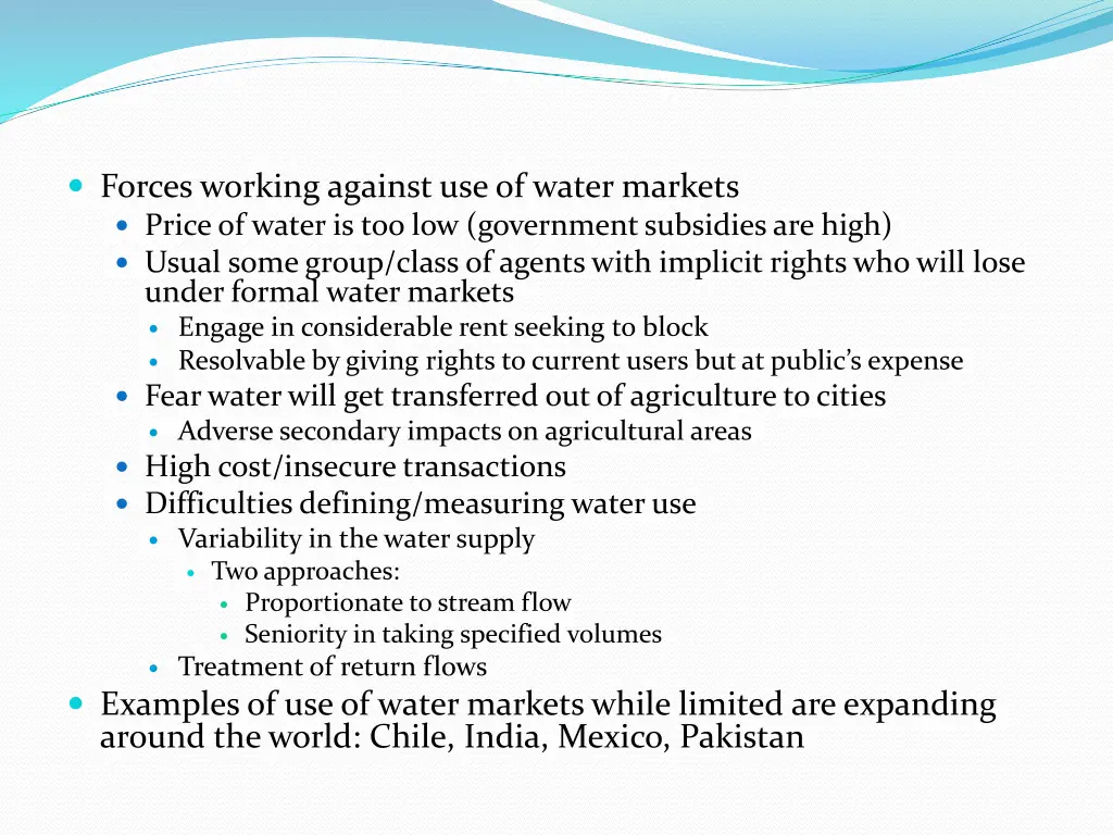 forces working against use of water markets price
