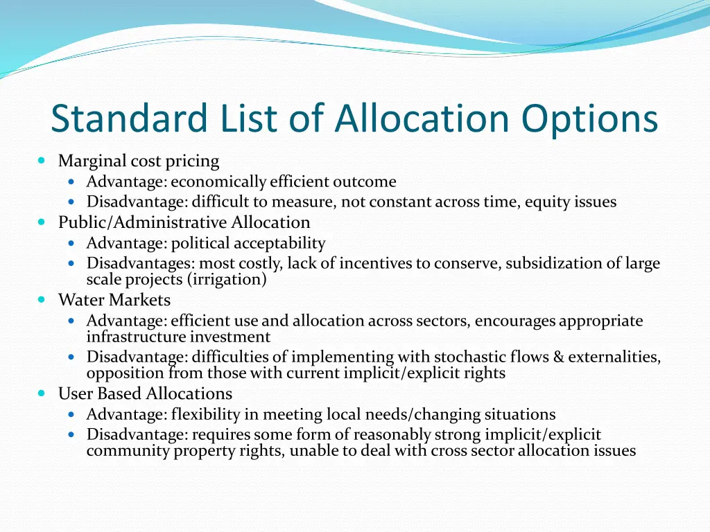 standard list of allocation options