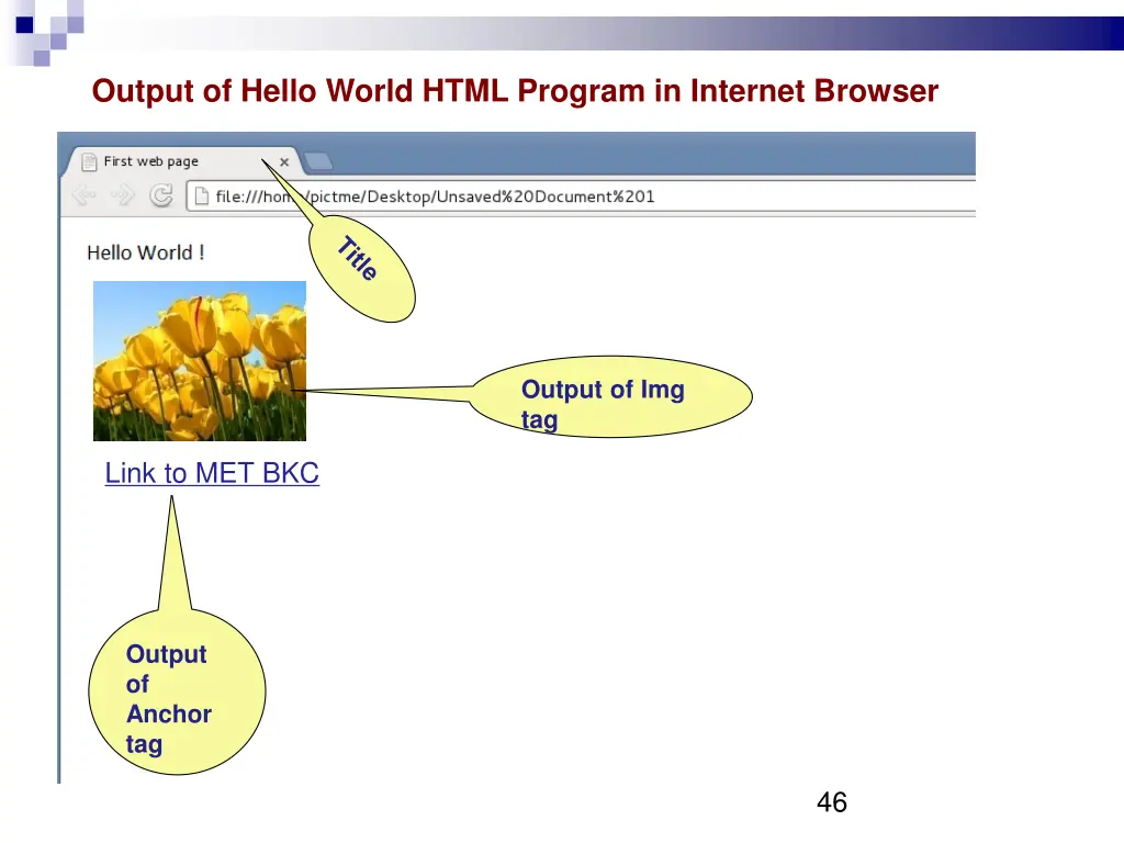 output of hello world html program in internet