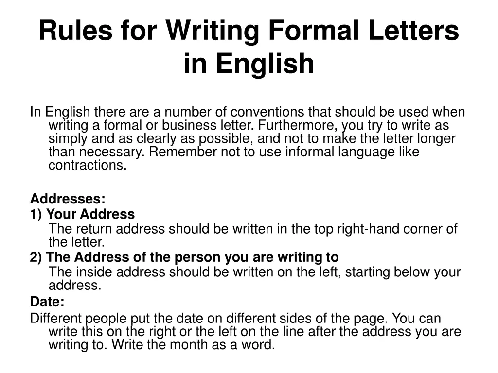 rules for writing formal letters in english