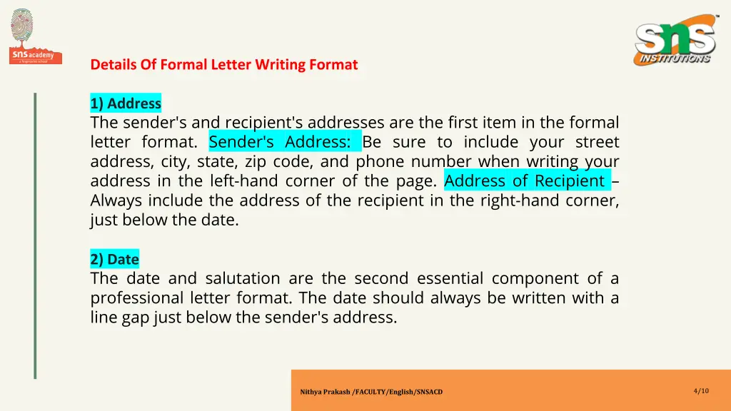 details of formal letter writing format