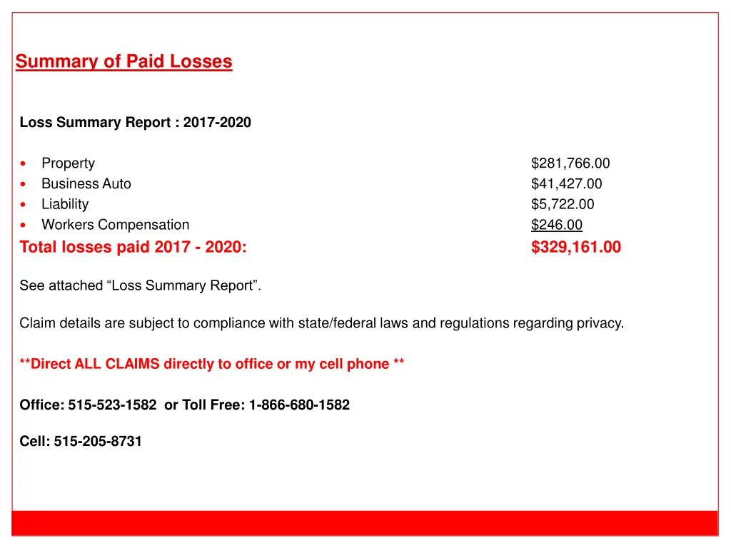 summary of paid losses