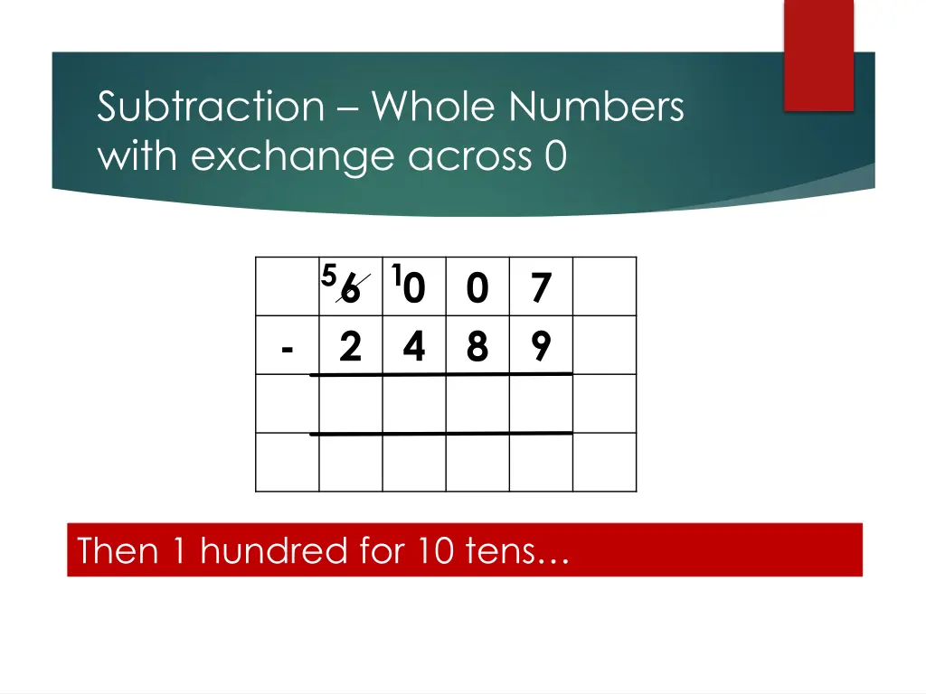 subtraction whole numbers with exchange across 0 1