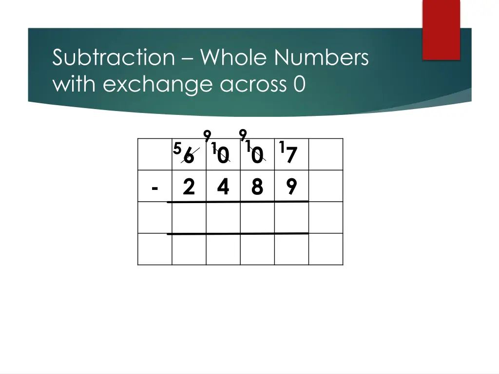 subtraction whole numbers with exchange across 0 3