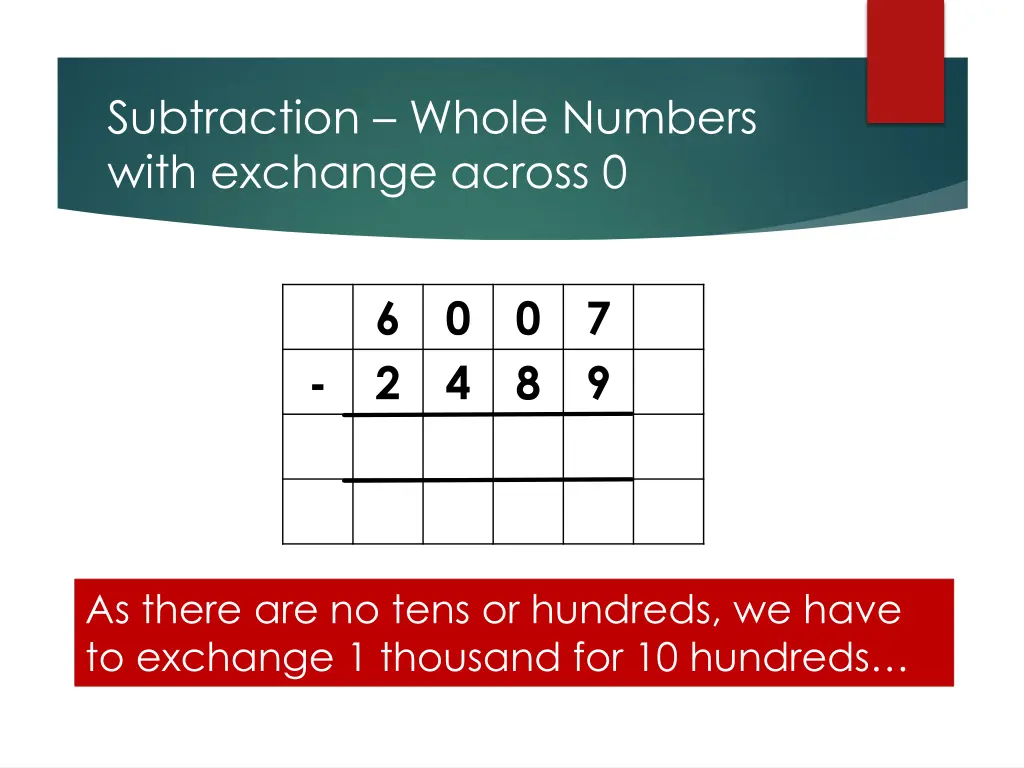 subtraction whole numbers with exchange across 0