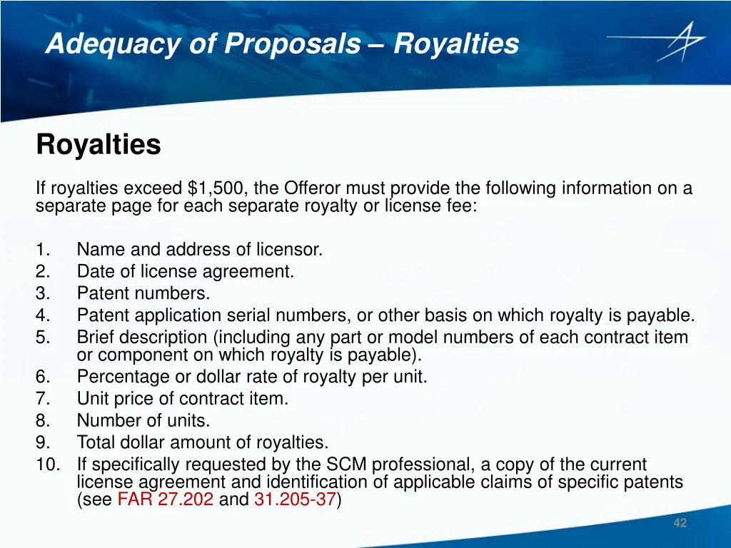 adequacy of proposals royalties