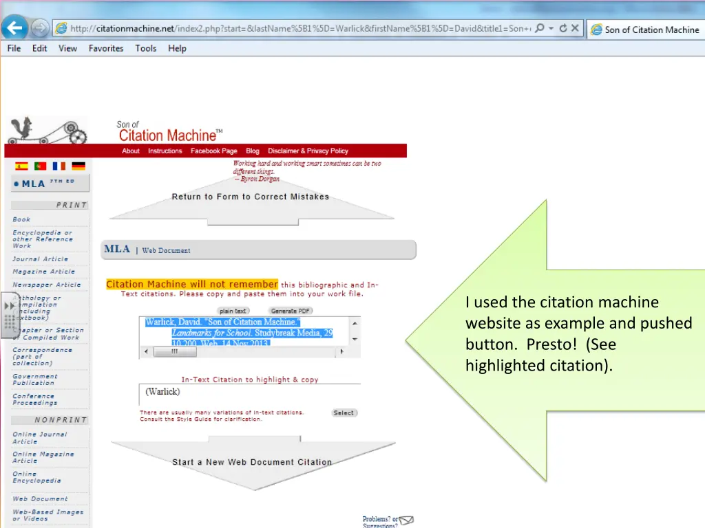 i used the citation machine website as example