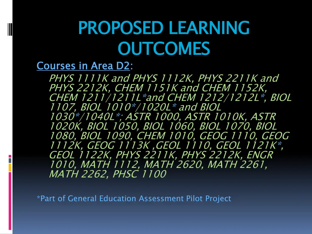 proposed learning outcomes courses in area