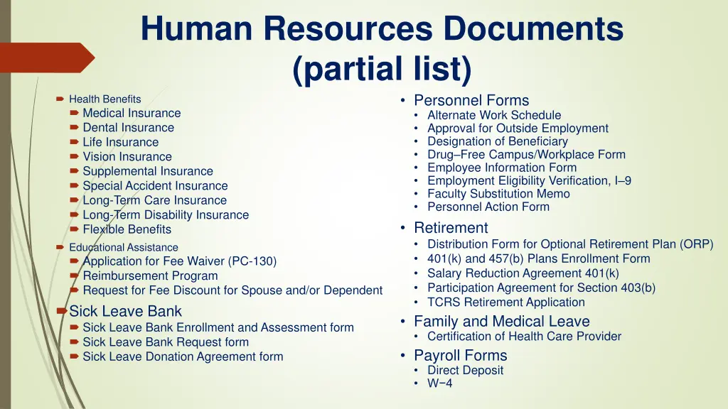 human resources documents partial list health
