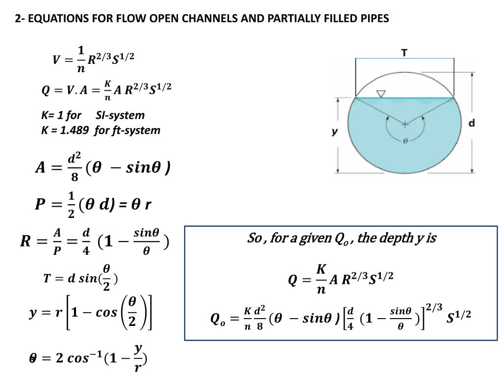 2 equations for flow open channels and partially