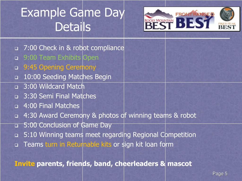 example game day details