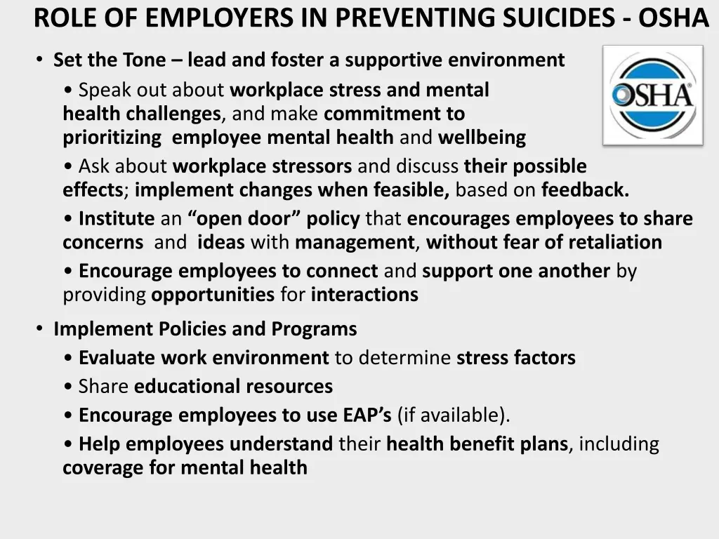 role of employers in preventing suicides osha