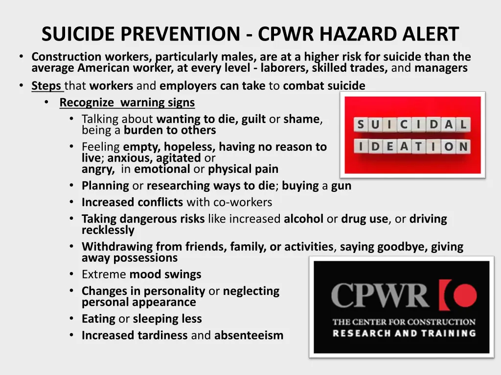 suicide prevention cpwr hazard alert construction