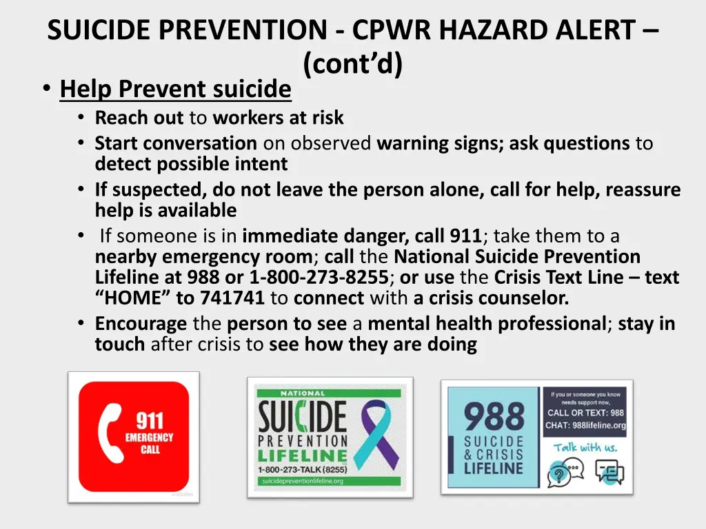 suicide prevention cpwr hazard alert cont d help