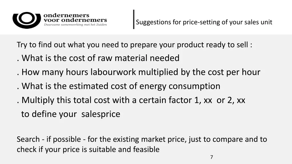 suggestions for price setting of your sales unit