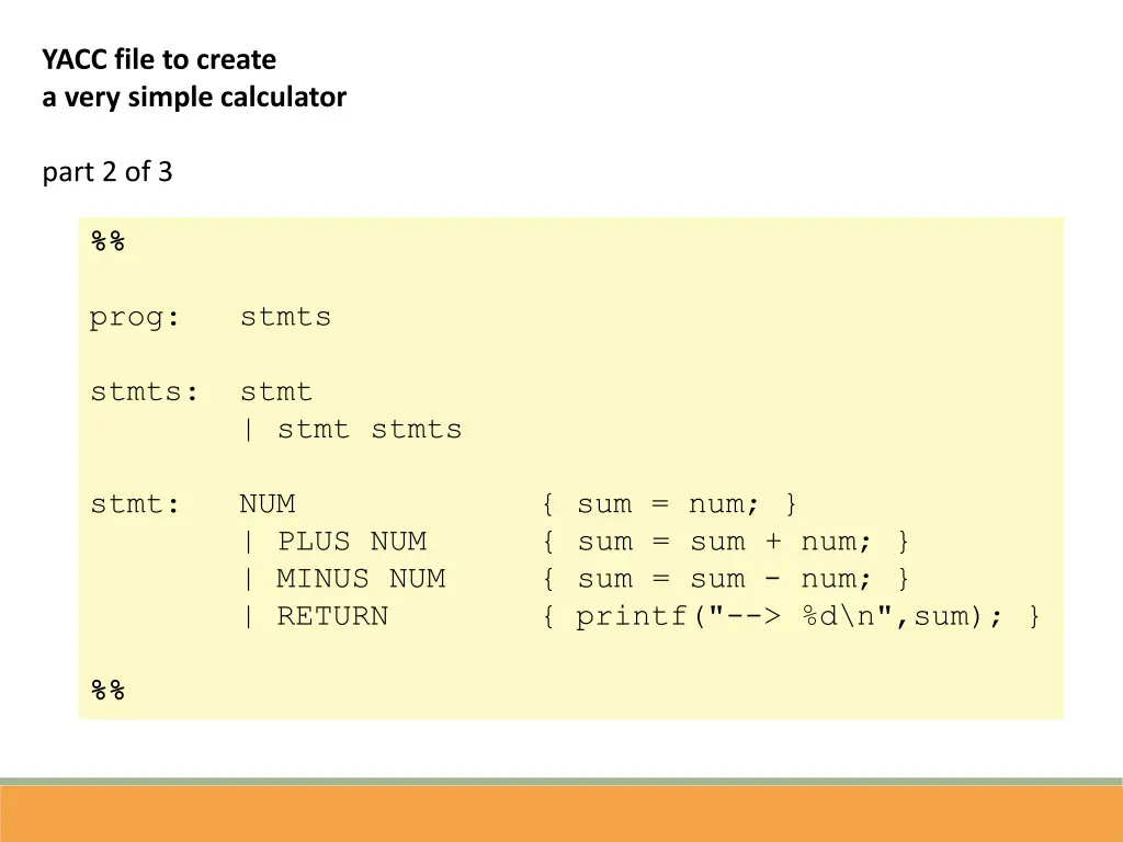 yacc file to create a very simple calculator