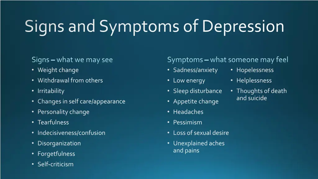 signs and symptoms of depression